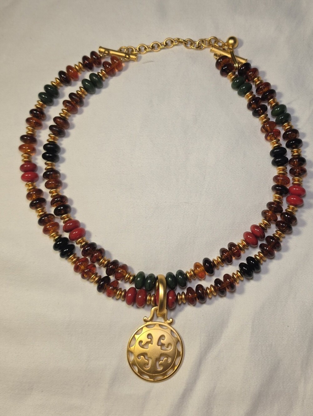 Multi Vintage Boho Beaded Tribal Artisanal Necklace with Gold Tone Pendant